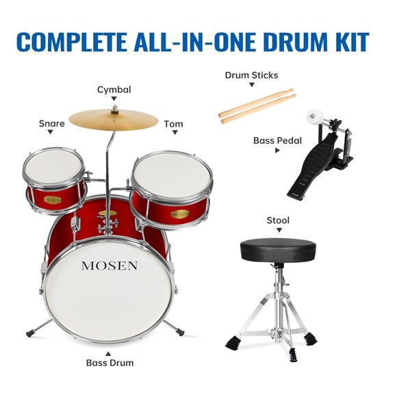 MOSEN Drum Set 3-Piece Beginner Drum Set Junior Drum Kit with Adjustable Throne - Picture 3 of 8